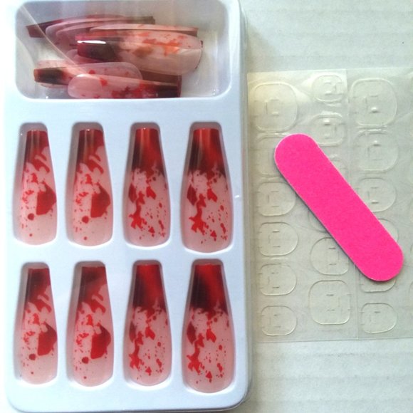 Nails Long Bloody Press On 24 Party Gore Scary Costume Goth Trendy Stylish - Picture 3 of 3